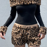 Leopard Print Fleece Off-the-shoulder Two Piece Set