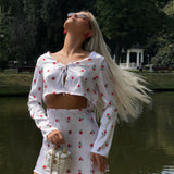 Printed Satin Long Sleeve Cardigan Skirt Two Piece Set