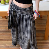 Color Block Plaid Tie Side Zip Loose Skirt