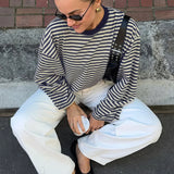 Striped Color Block Crew Neck Loose Long Sleeve Tee