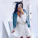 V Neck Women's Spring Summer Dress Lace Long Sleeve Mini Party Dress