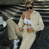 Athletic Velvet Collar Zipper Long Sleeve Two Piece Set