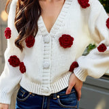 3D Floral V Neck Knit Sweater