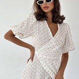 Cotton Heart Print V-Neck Wrap Maxi Dress