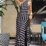 Polka Dot Halter Backless Bodycon Maxi Dress