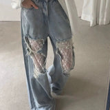 Lace Patchwork Ripped Loose Jeans