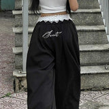 Contrast Waist Lace Trim Relaxed Long Pants