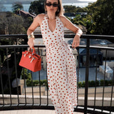Polka Dot Halter V-Neck Ruched Maxi Dress