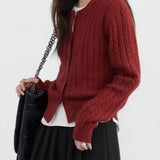 Red Twist Knit O-Neck Cardigan