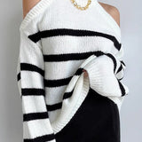 Striped Cutout Shoulder Knit Sweater