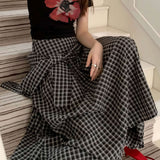 Color Block Plaid Tie Side Zip Loose Skirt