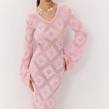 Knit Argyle Jacquard Long Sleeve Maxi Dress