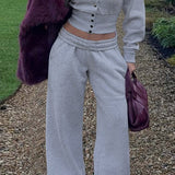 Solid Buttoned Cardigan Chic Casual Two Piece Set