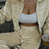 Athletic Velvet Collar Zipper Long Sleeve Two Piece Set