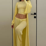 Solid Knit Flowly Long Sleeve Robe Three Piece Set