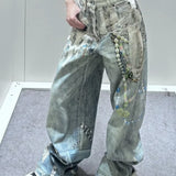 Lace Pearl Chain Printed Vintage Washed Casual Jeans
