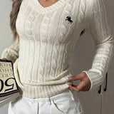 Embroidered Cable Knit V Neck Sweater