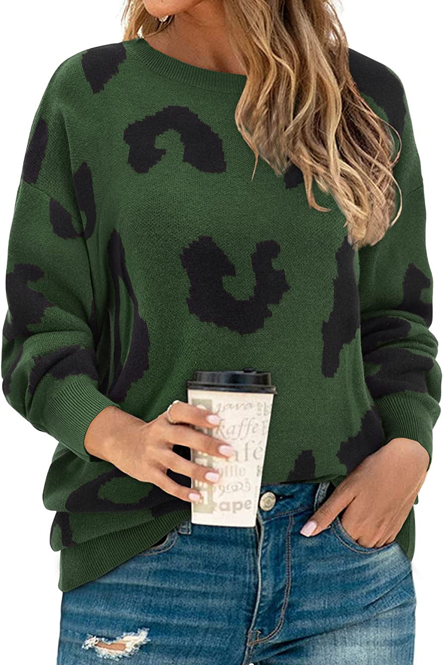 Women's Casual Leopard Print Sweater Loose Long Sleeve Crew