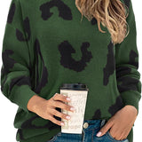 Women's Casual Leopard Print Sweater Loose Long Sleeve Crew