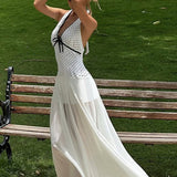 Floral Print Polka Dot Backless Tie Maxi Dress