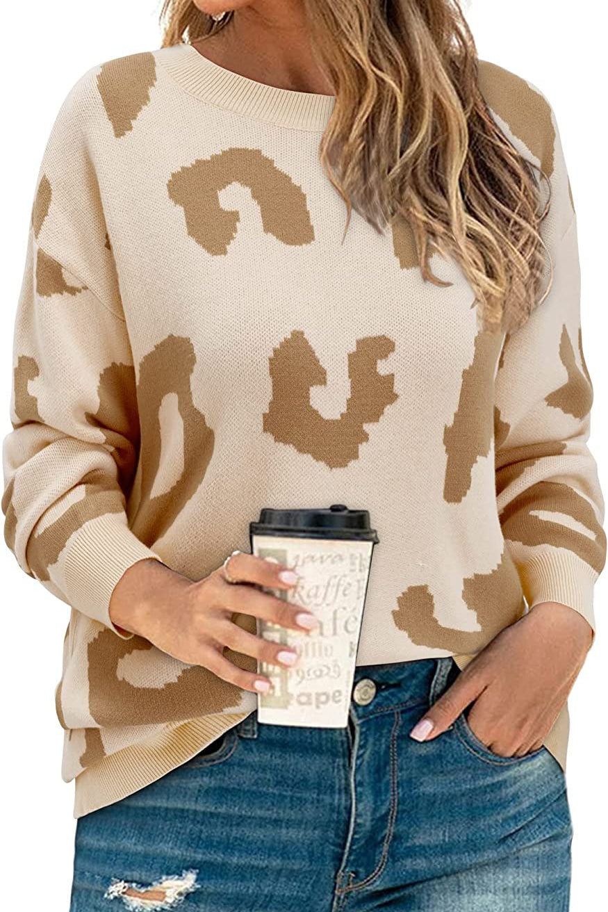 Women's Casual Leopard Print Sweater Loose Long Sleeve Crew