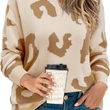 Women's Casual Leopard Print Sweater Loose Long Sleeve Crew