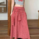 Color Block Plaid Tie Side Zip Loose Skirt