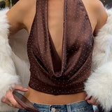 Polka Dot Color Block Backless Halter Crop Top