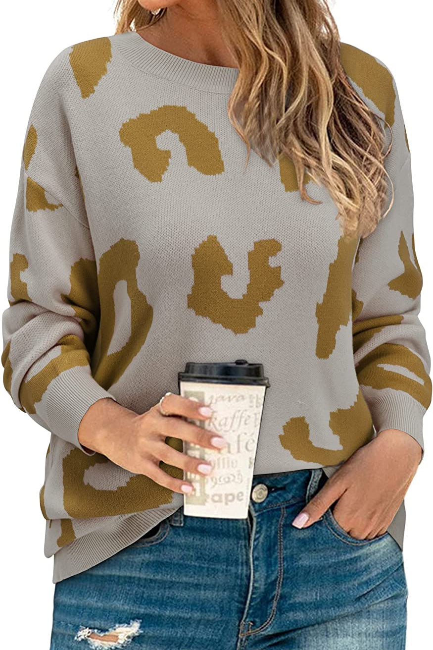 Women's Casual Leopard Print Sweater Loose Long Sleeve Crew