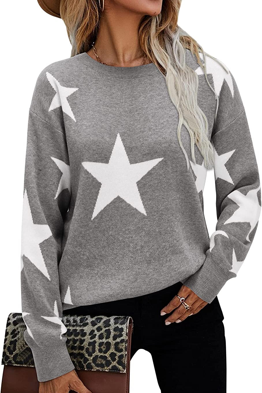 Women's Casual Leopard Print Sweater Loose Long Sleeve Crew