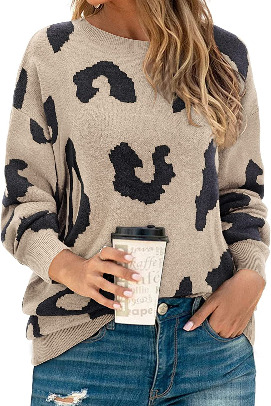 Women's Casual Leopard Print Sweater Loose Long Sleeve Crew