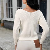 Women's V-Neck Criss Cross Twisted Back Pullover Knitted Crop Sweater