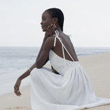Cotton V Neck Spaghetti Strap Elegant Tie Backless Midi Dress