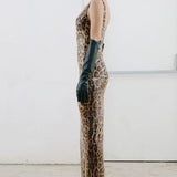 Leopard Sequin Sheer Cape Spaghetti Strap Backless Prom Dress