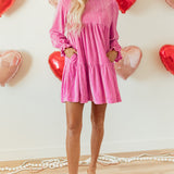 Strawberry Pink Flounce Sleeve Tiered Ruffled Velvet Mini Dress
