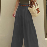 Solid Ruched High-Waisted Wide-Leg Pants