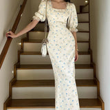 Satin Puff Sleeve Floral Dress