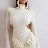 Long-Sleeve Ruched Color-Block Cutout Waist Slim Party Dress