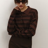 Color-block Stripe Fitted Polo Knit Blouse