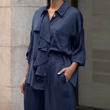 Blue Satin Ruffled Shirt Pants Office Two Piece Set
