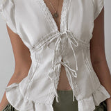 Lace Paneled Ruched Puff Sleeve Tie Blouse