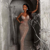 Rhinestone V-Neck Cami Ruched Fishtail Party Dress