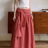 Color Block Plaid Tie Side Zip Loose Skirt
