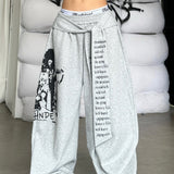 Street Style Graphic Letter Ribbon Curved Sweat Pants