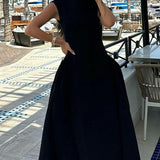 Solid Sleeveless Ruched Waist Elegant Dress
