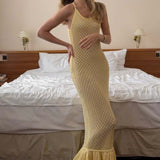 Boho Ruffle Knit Sexy Cutout Sheer Cami Maxi Dress
