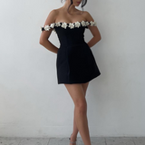 Elyse - Floral Neckline Solid Mini Dress