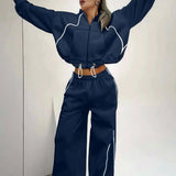 Color Block Striped Hooded Zipper Loose Two Piece Set