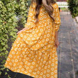 Yellow Flower Print Bracelet Sleeve Buttons Collared Maxi Dress