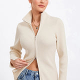 Ribbed Knit Zip-Up Stand Collar Cardigan